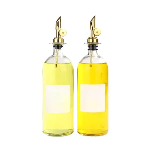 Adrinfly Glass Oil and Vinegar Dispenser Bottle Set, Metal Pour Gold Spout, Weighted Pourer Clear, 500 ml (Set of 2)