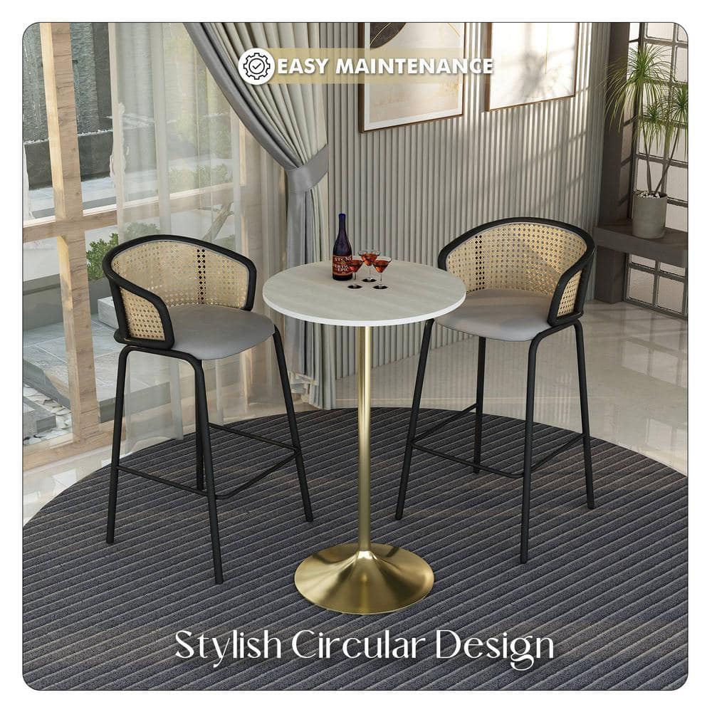 Light Natural Wood Round Bar Height Table with Gold Pedestal Base