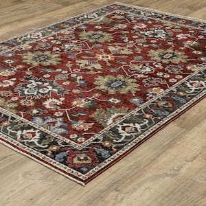 Hunter Red/Multi-Colored 4 ft. x 6 ft. Bordered Oriental Polyester Fringe-Edge Indoor Area Rug