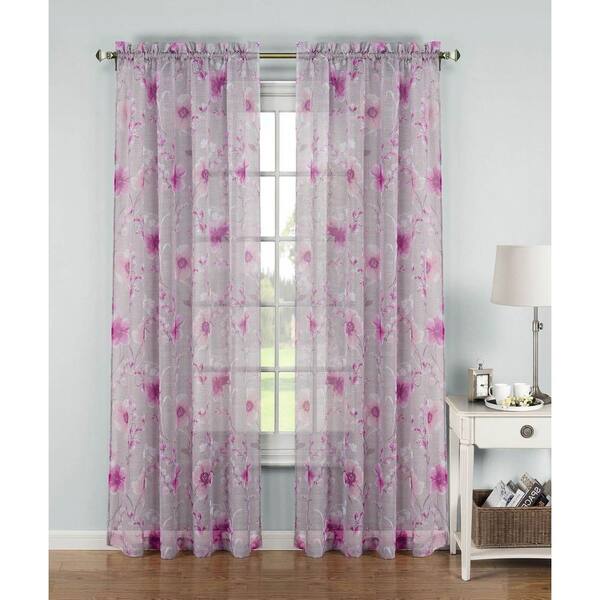 Window Elements Sheer Pamela Printed Sheer Extra Wide 54 in. W x 96 in. L Rod Pocket Curtain Panel in Pink (Price Varies by Size)