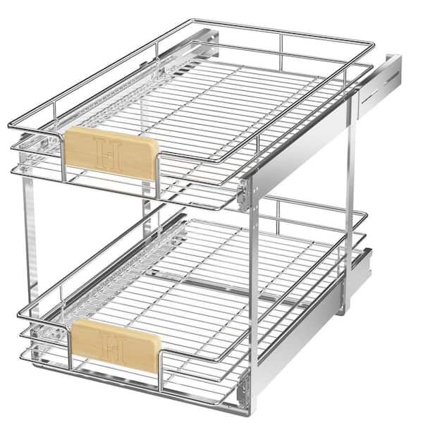 Space Saver Silver Metal Pull-Out Organizer for Kitchen Wooden Handle Slide Out Storage