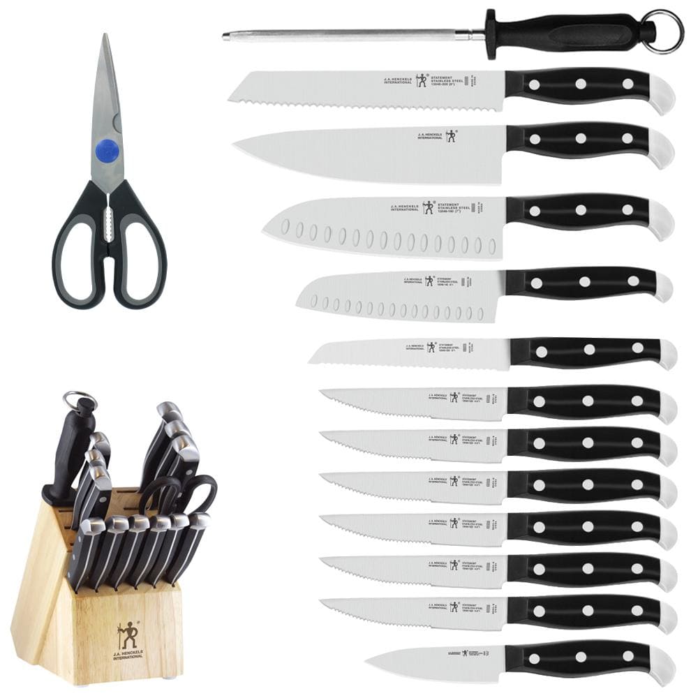 HENCKELS Statement 15-Piece Kitchen Knife Set with Block, Chef Knife, Steak Knife set, Kitchen Knife Sharpener, Light Brown, Stainless Steel