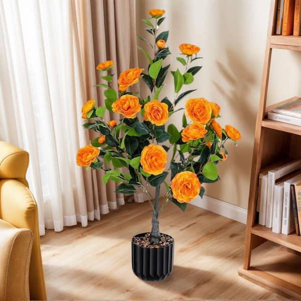 Unbranded Unique 26.5 in. Orange Indoor/Outdoor Artificial Camellia Potted  Plant in Black Pot with Orange Flowers2 Pack BF59W2641FF4787