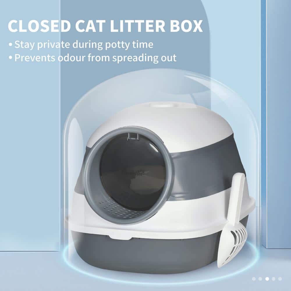 White and Gray Enclosed Plastic Cat Litter Box with Scoop