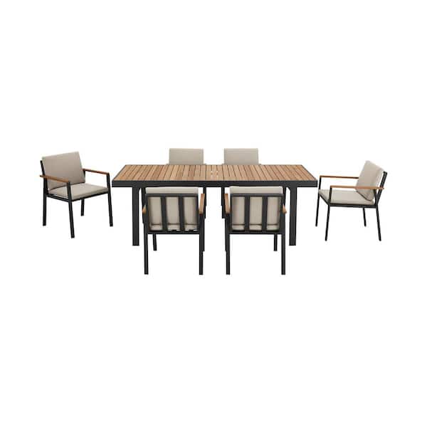 Nofi Charcoal 7 Piece Aluminum Rectangular Outdoor Dining Set with Taupe Cushions