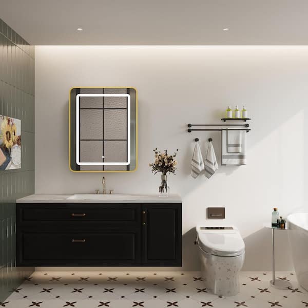 16 in. W x 24 in. H Bright Rectangular Gold Wall Mount LED Lighted Medicine Cabinet with Mirror