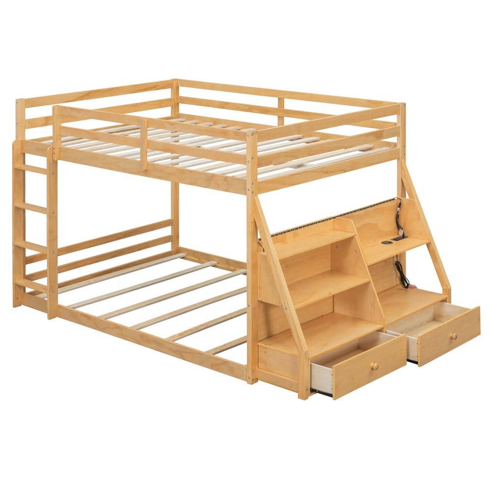 Natural Wood Full over Full Bunk Bed with 7 Colors LED, USB Ports, Shelves, 2 Drawers price history on PriceWatchPro