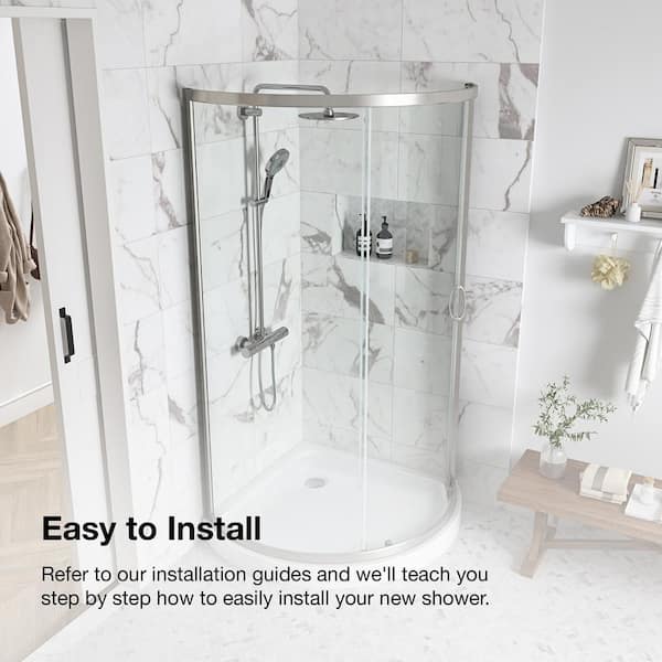 Breeze 32 in. L x 32 in. W x 76.97 in. H Corner Shower Kit with Clear  Framed Sliding Door in Satin Nickel and Shower Pan