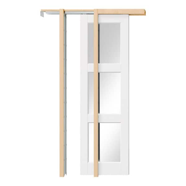 24 in. x 80 in. 3 Lite, Mirrored Glass, Solid Core, DIY Painted, White Primed, MDF Sliding Door with All Hardware