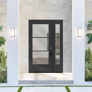 Legacy 51 in. x 80 in. Icon 3-Lite Modern Clear Glass RHOS Black Mahogany Fiberglass Prehung Front Door w/ 12 in. SL