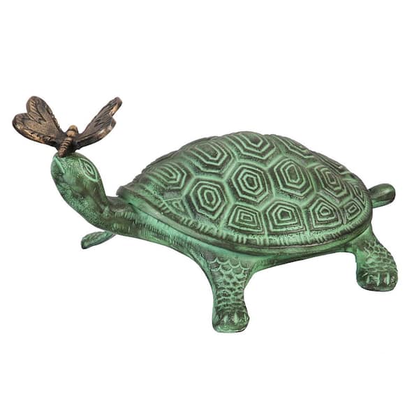 Evergreen 14 in. L Verdigris Metal Garden Statuary, Turtle and Butterfly