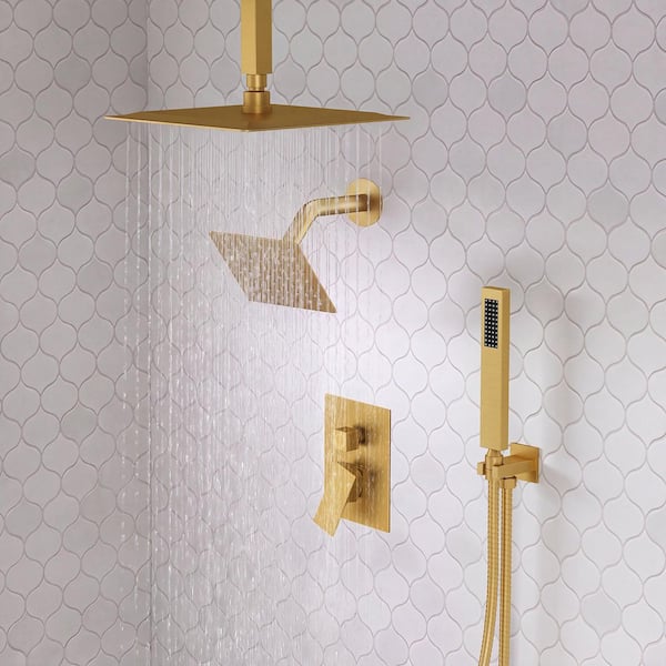 3-Spray Ceiling Mount 10 and 6 in. Dual Shower Head and Handheld Shower Head 2.5 GPM in Brushed Gold (Valve Included)