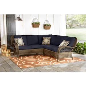 Beacon Park 3-Piece Brown Wicker Outdoor Patio Sectional Sofa with CushionGuard Midnight Navy Blue Cushions