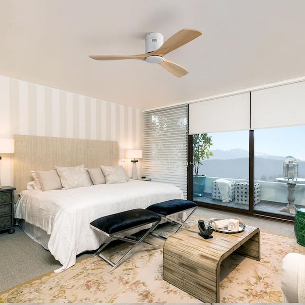 52 in. Indoor/Outdoor Flush Mount Ceiling Fan 3-Carved Wood Fan Blades White Ceiling Fan with 6-Speed Remote