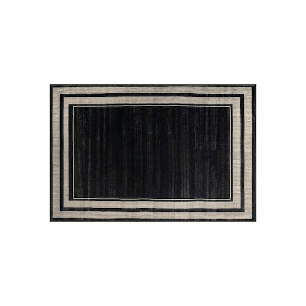 Striped Border Black Machine Washable Non-Slip Backing Area Rug 2' x 4' Black
