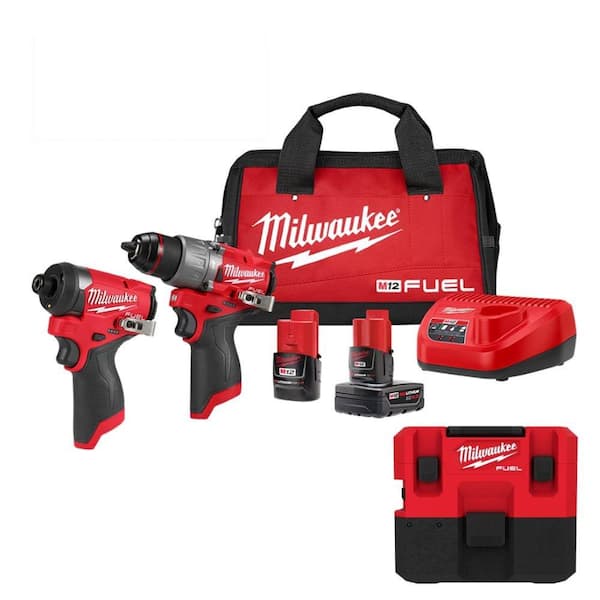 Milwaukee M12 FUEL 12-Volt Lithium-Ion Brushless Cordless Hammer Drill/Impact Driver Combo Kit w/M12 FUEL 1.6 Gal. Wet/Dry Vacuum