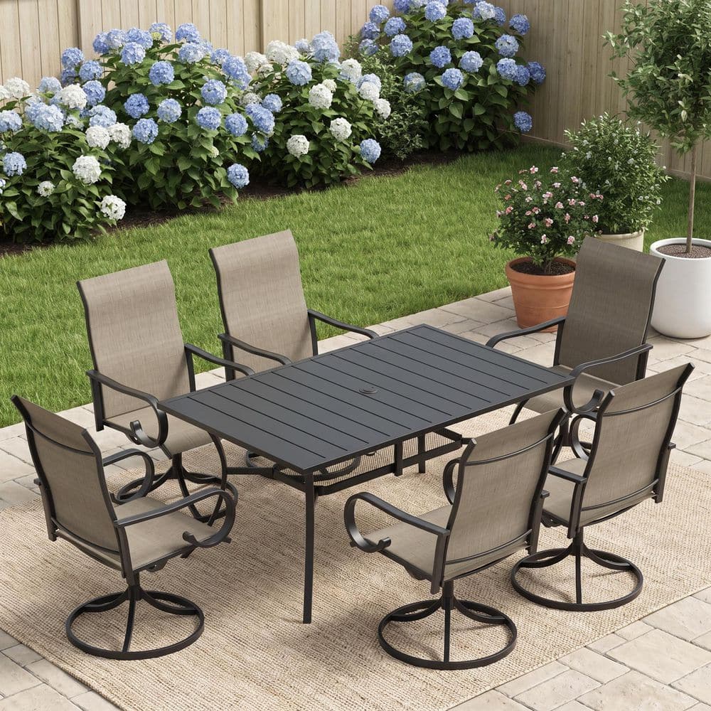 7-Piece Metal Outdoor Dining Set with 59.2 in. Black Rectangle Table and 6 Textilene Swivel Dining Chairs in Brown price history on PriceWatchPro