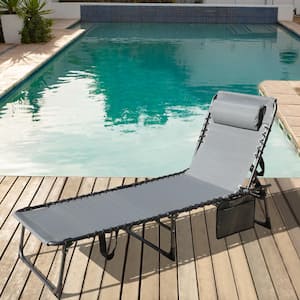 Outdoor Folding Chaise Lounge Chair Fully Flat for Beach with Pillow and Side Pocket, Dark Grey