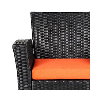 Hudson 4-Piece Black Wicker Outdoor Patio Loveseat and Armchair Conversation Set with Orange Cushions and Coffee Table