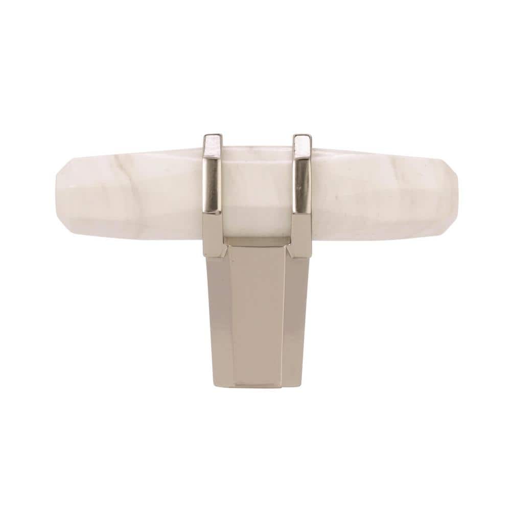 2.5 Inch Marble White and Polished Nickel T-Handle Knob