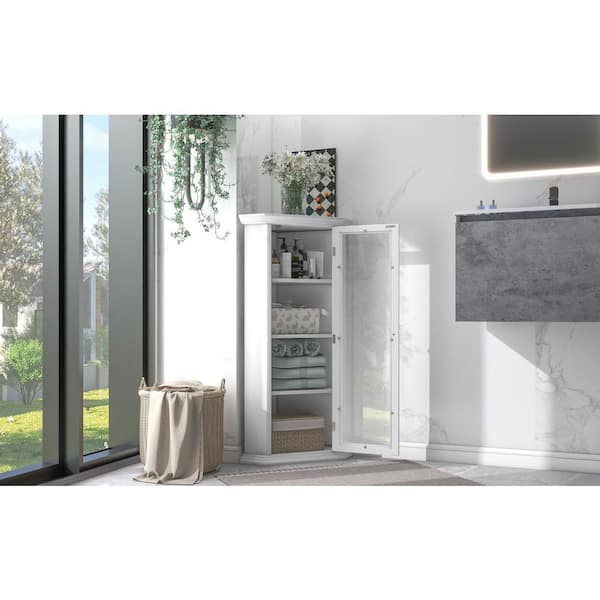 URTR Modern White Narrow Tall Slim Floor Cabinet with 2 Glass Doors and Adjustable Shelves for Bathroom, Entryway, Kitchen