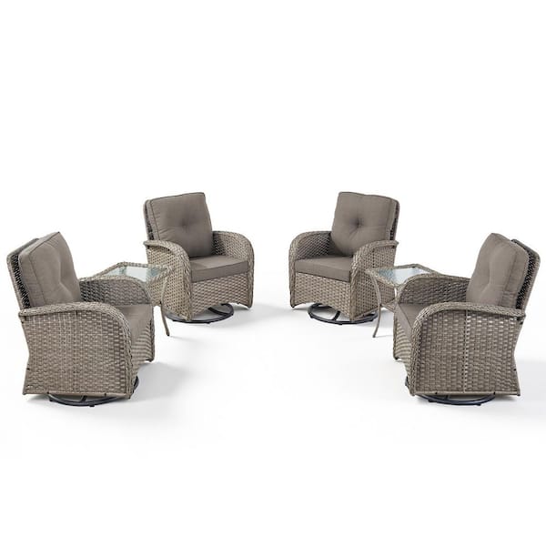 PlainCurve 6-Piece Gray Wicker Patio Conversation Set with Gray Cushions and Side Tables