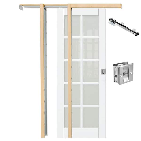 32 in. x 80 in. 10 Lite Frosted Glass White Primed Pine Wood Pocket Door with Lock, Soft Close & Frame Kit, French doors