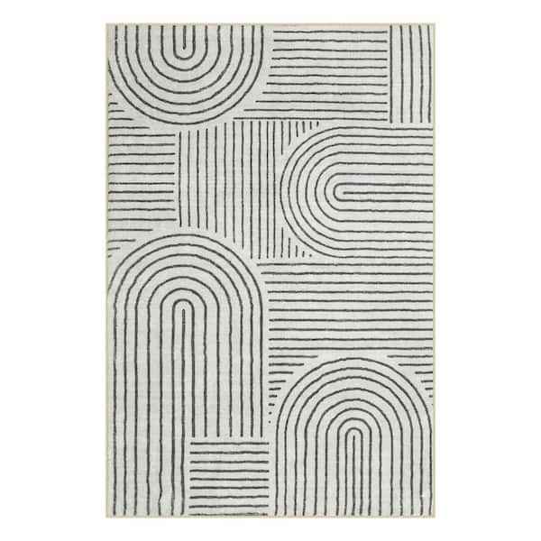 Abstract Rainbow Striped Washable Non-Slip Black 4 ft. x 6 ft. Entryway Kitchen Area Rug
