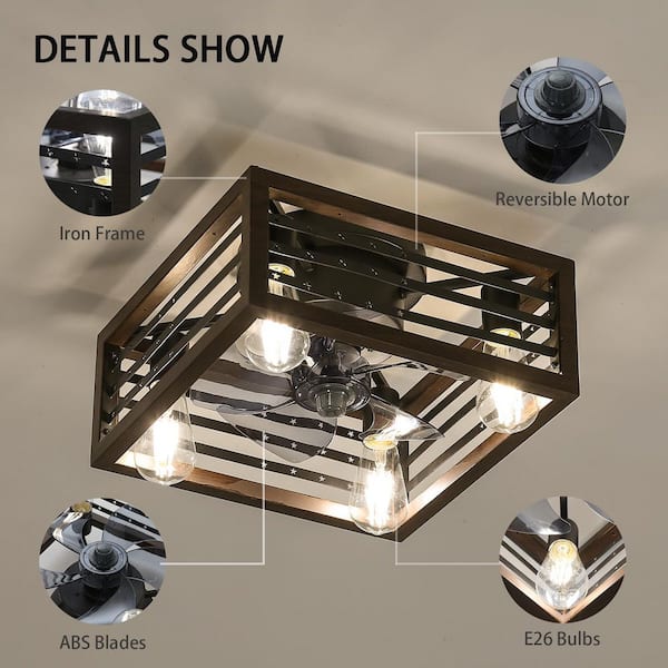 18 in. Black Indoor Caged Ceiling Fan with Light Flush Mount Ceiling Fan with Remote Control, 4-Bulbs Included