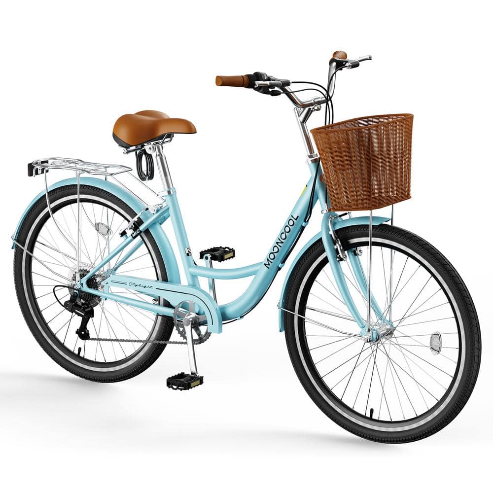 BOZTIY 26 in. 7 Speed Commute Bike Beach Cruiser Bike for Adult with Basket and Rack 2 Wheels Adult Bike Cyan SOZXC CSLL 26QLHD01 The Home Depot