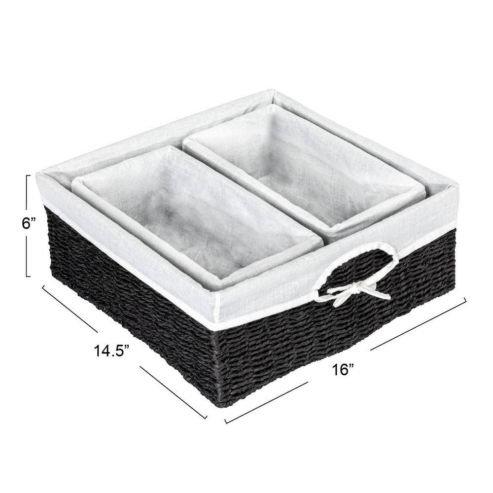 Black Wicker Rectangular Storage Basket Set with Liners