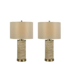25.5 in. Faux Beige Stone Mounted Cylinder Indoor Table Lamp Set with Decorator Shade and (Set of 2)
