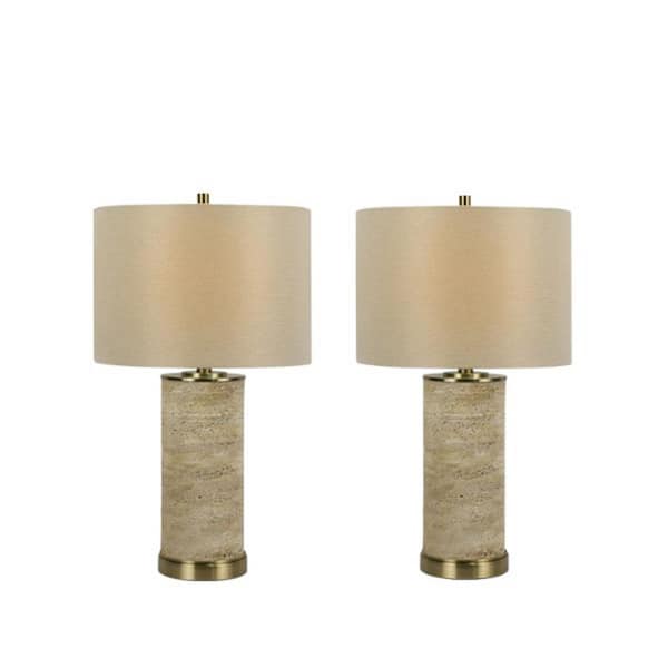 Fangio Lighting 25.5 in. Faux Beige Stone Mounted Cylinder Indoor Table Lamp Set with Decorator Shade and (Set of 2)