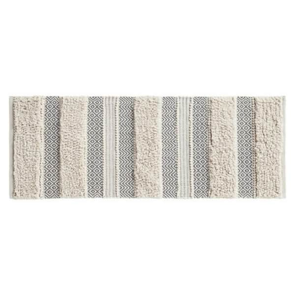 22 in. x 58 in. Woven Texture Stripe Cotton Rectangle Bath Rug for Bathroom in Grey