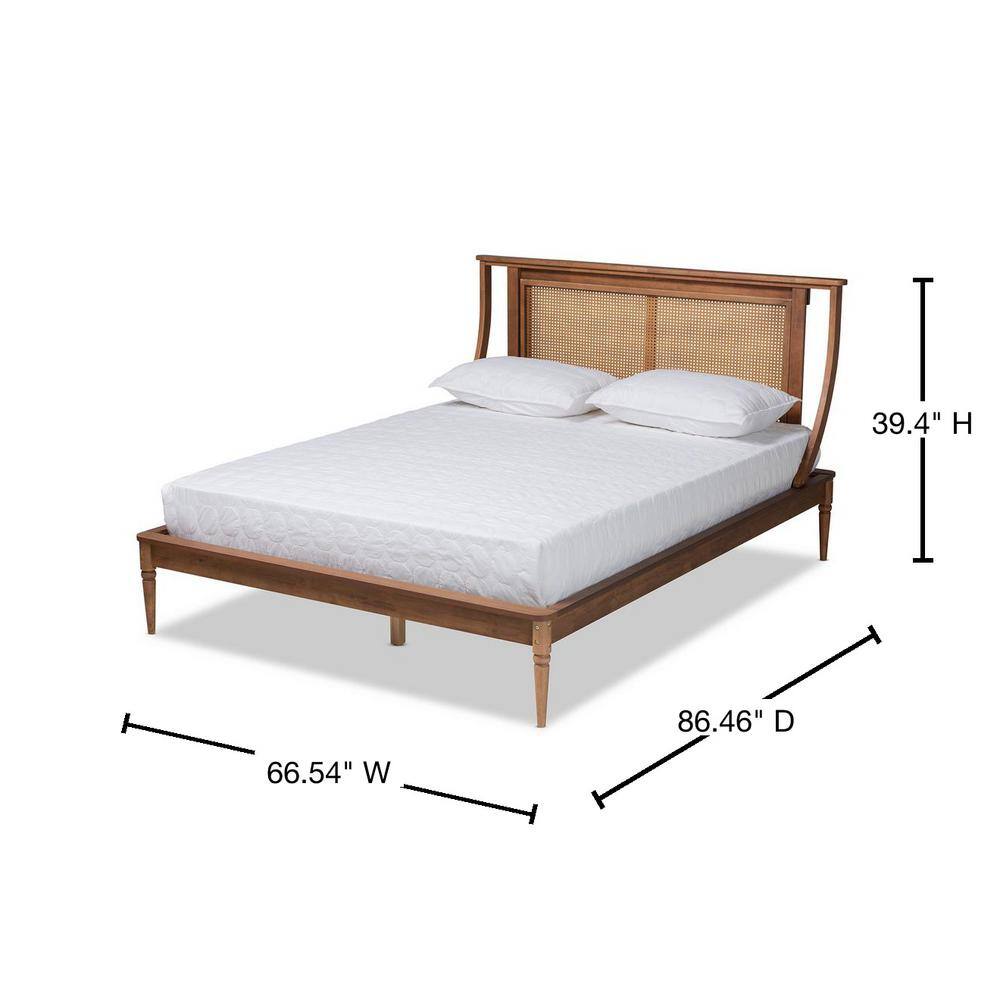Walnut Brown Queen Wood and Rattan Platform Bed with Tufted Headboard