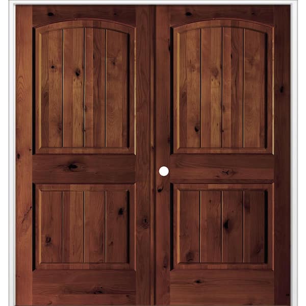 Krosswood Doors 48 in. x 80 in. Rustic Knotty Alder Arch Top VG Right Active Red Mahogany Stain Wood Double Prehung Interior Door