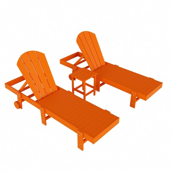 WESTIN OUTDOOR Laguna 3-Piece Outdoor Patio Adjustable HDPE Reclining Adirondack Chaise Lounger with Wheels, Side Table Set, Orange