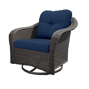 Wicker Patio Outdoor Rocking Chair Swivel Lounge Chair with Blue Cushions