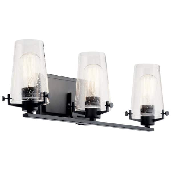 KICHLER Alton 24 in. 3-Light Black Vintage Industrial Bathroom Vanity Light with Clear Seeded Glass