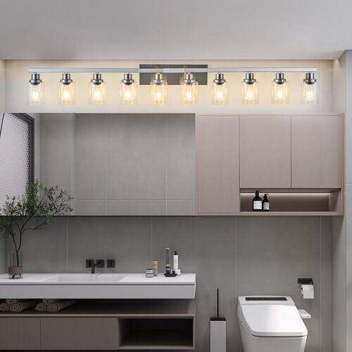 65 in. 10-Light Brushed Nickel Bathroom Vanity Light Fixture with Clear Glass Shades, no bulbs included Lasaideal Vanity Lighting
