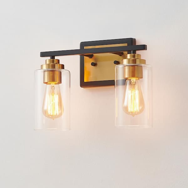 13 in. 2-Light Black and Brass Vanity Light with Clear Glass Shades