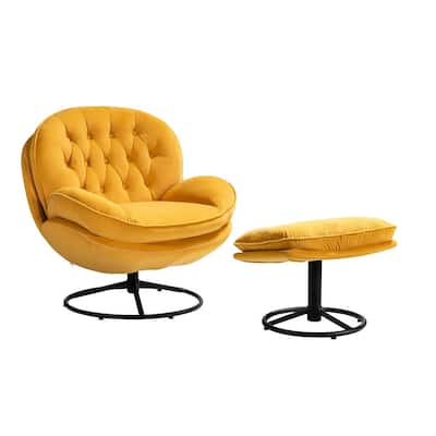 Leonor Mustard Swivel Lounge Chair and Ottoman with Swivel Metal Base