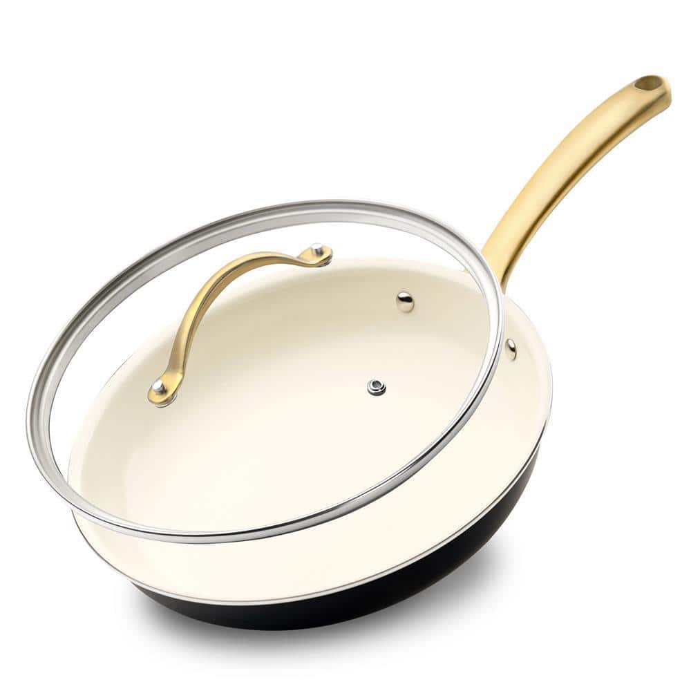 NutriChef 8 in. Ceramic Non-stick Small Frying Pan in White with Lid