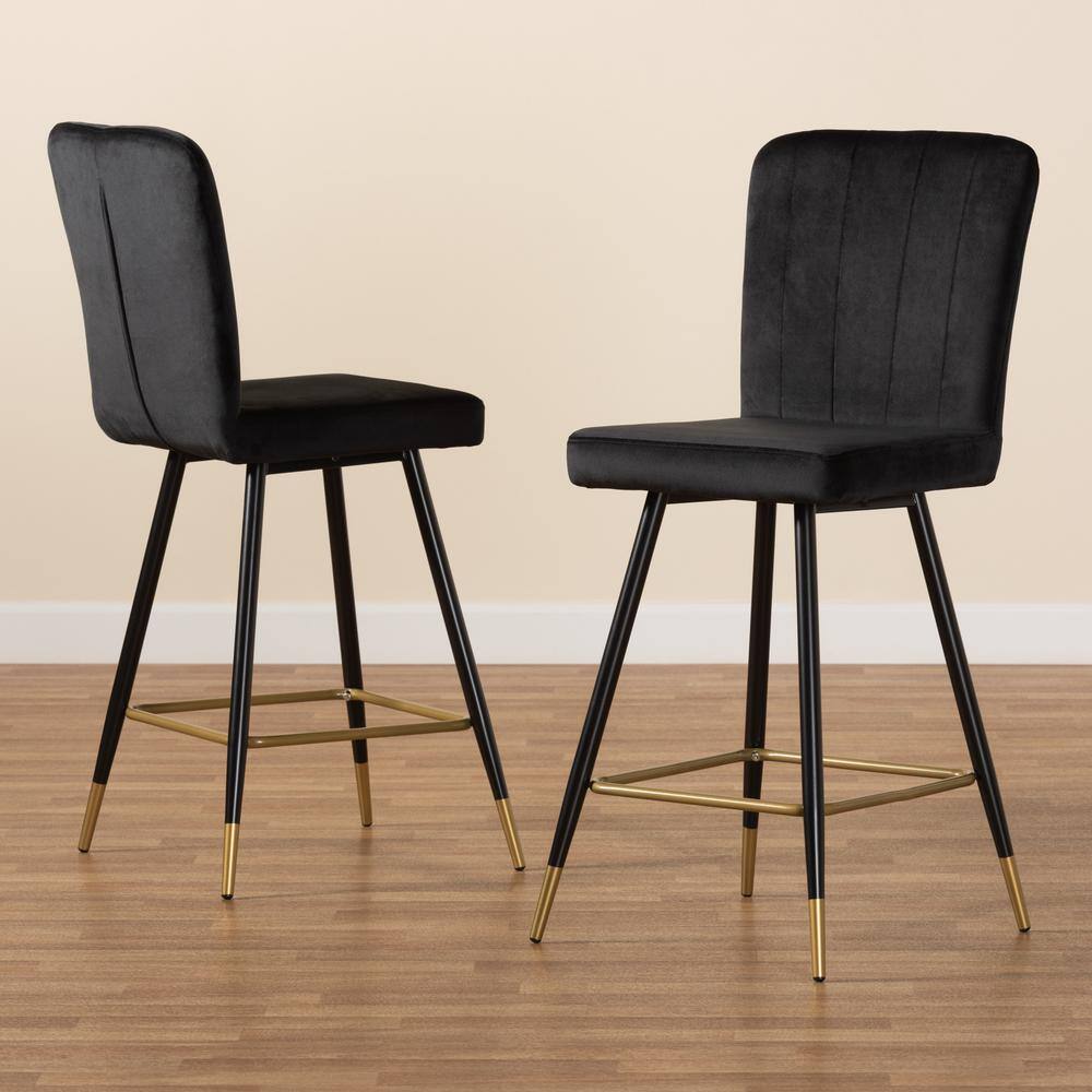 Preston Adjustable Black Velvet and Gold-Tone Metal Bar Stool Set