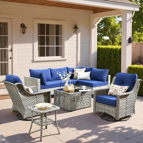 Holston 8-Piece Wicker Modern Outdoor Patio Conversation Sofa Seating Set with Swivel Chairs and Navy Blue Cushions