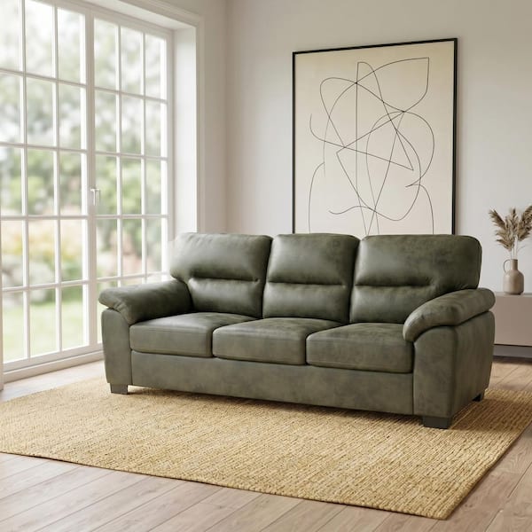 Modern 81 in. Pillow Top Arms Fabric Upholstered Rectangle Sofa in Olive Green with Black Triangular Legs
