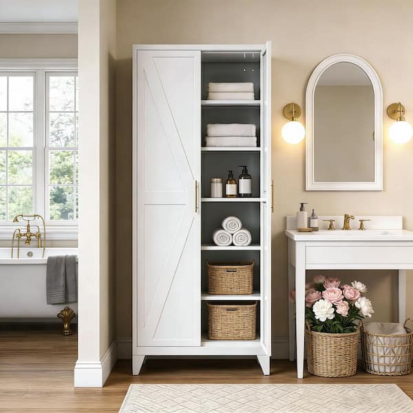 32 in. W x 75 in. H x 16 in. D White Metal Freestanding Storage Cabinet, Kitchen Pantry Cabinets with 5-Shelves