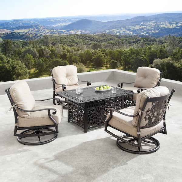 Oakland Living Canyon Luxurious Antique Copper 5-Piece Aluminum Patio Fire Pit Deep Seating Set with Tan Beige Cushions