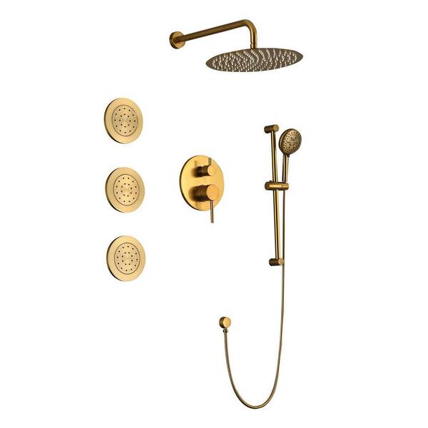 Miscool Single Handle 3-Spray 12 in. Round Shower Faucet 2.5 GPM with Pressure Balance Valve and 3 Body Sprays in. Brushed Gold