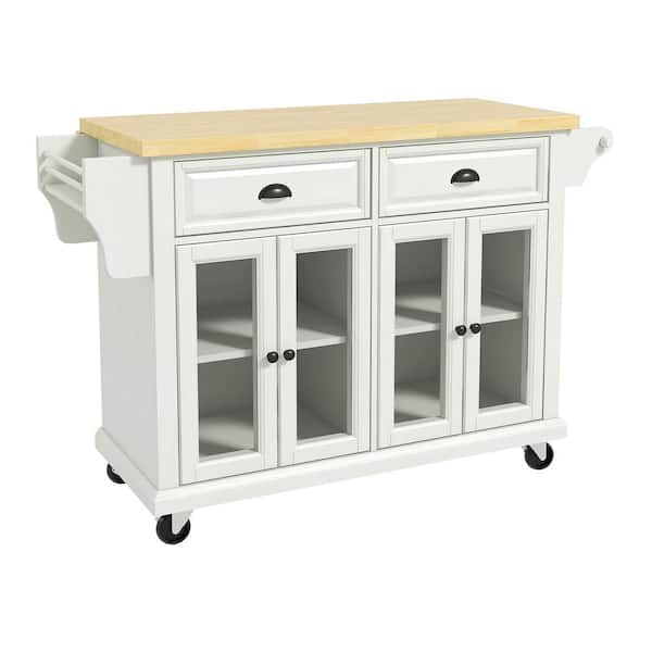 JAYDEN CREATION Lycurgus 51.2'' Wide Rolling White Kitchen Island with Solid Wood Top